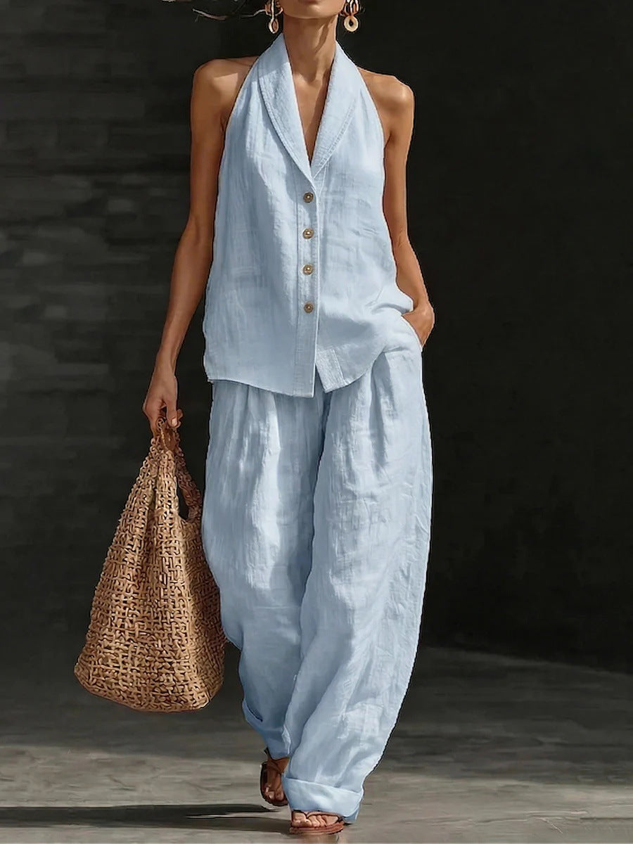 Wide-leg Pants Suit Womens Cotton-linen Fashionable Two-piece Set 