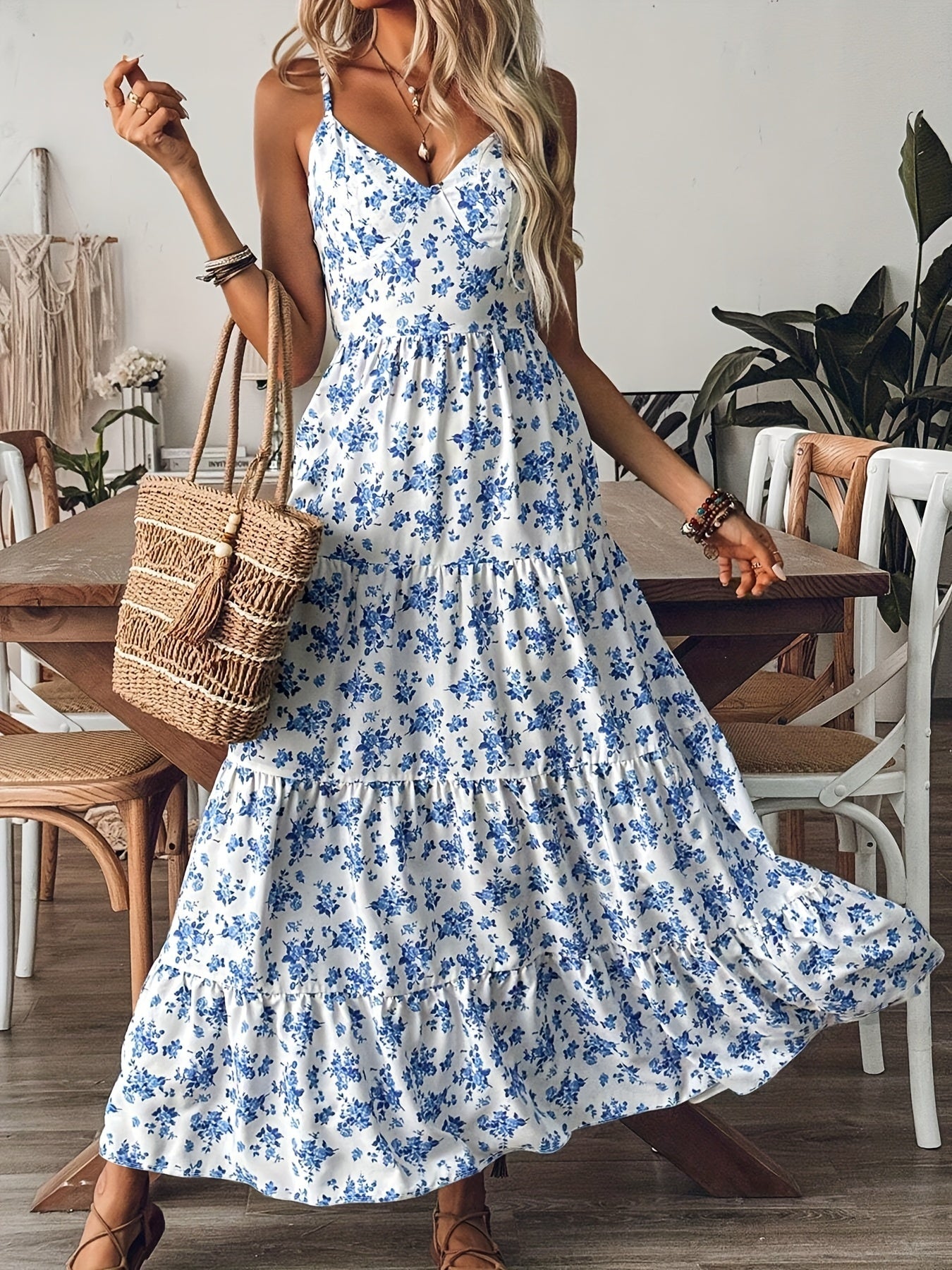 Women's Summer V-Neck Floral Print Strappy Dress - Sexy Backless Bowknot Flowy Maxi Party Dress CJ US