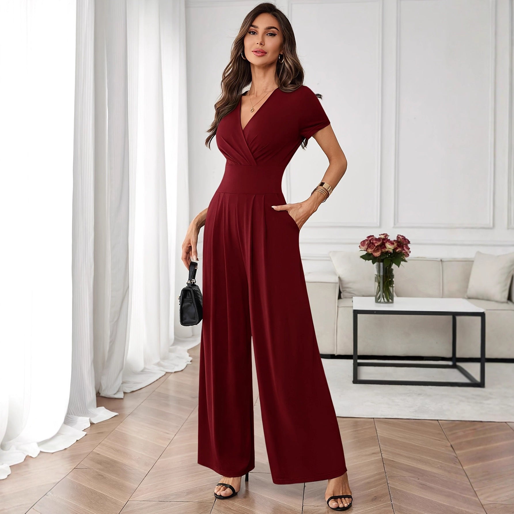 Women's Solid-Color Short-Sleeve Pleated Wide-Leg Jumpsuit 