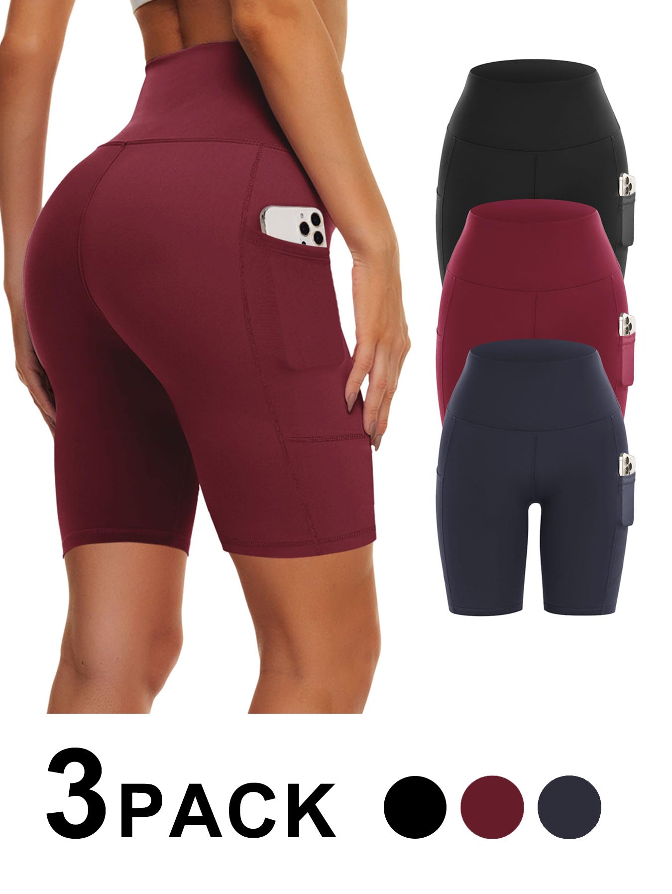 Yoga Pants - Five Points High Waist 3 Pieces Of Polyester Double Grinding Black, Polyester Double Grinding Zhang Green, Polyester Double Grinding Burgundy CJ US