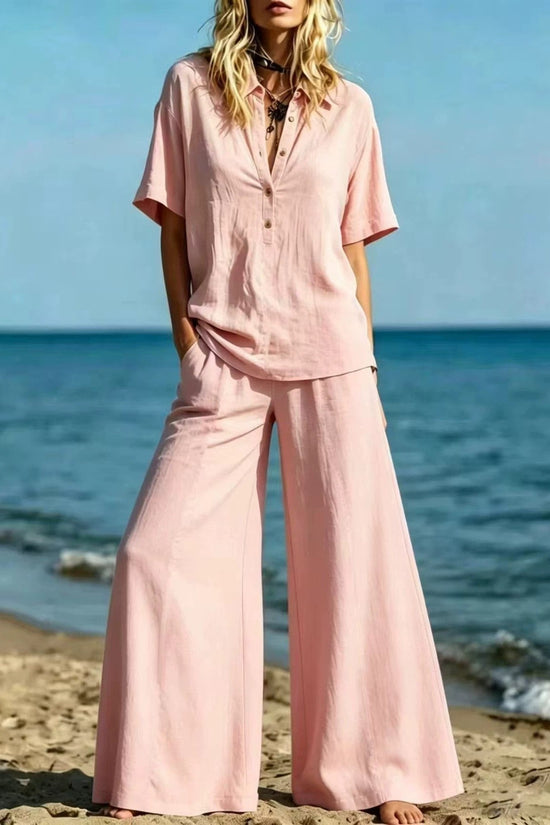 Button-down Shirt And Wide-leg Pants Two-piece Set For Women 