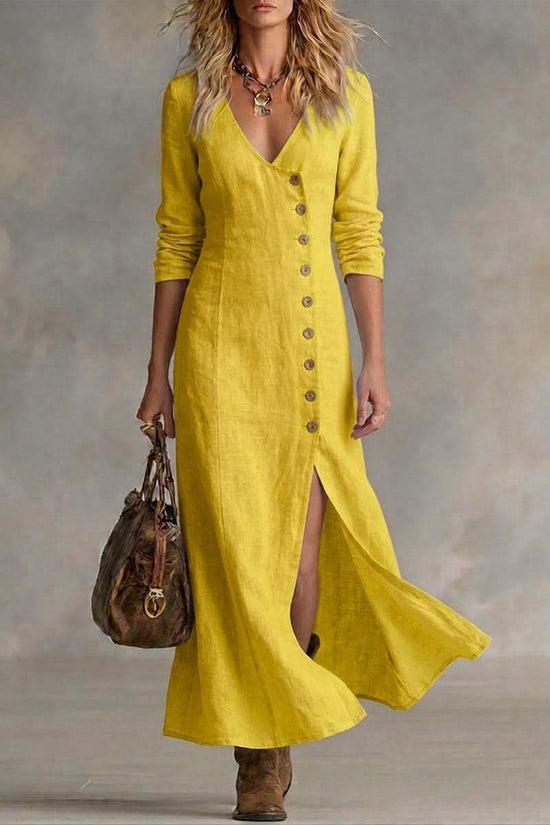 Fashionable Casual Cotton-Linen Long-Sleeve Womens Dress 
