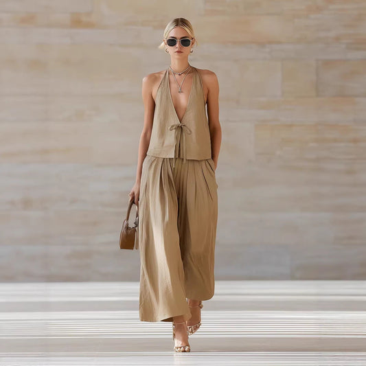 Fashionable Casual Sleeveless Vest And Loose Wide-Leg Pants Womens Set 