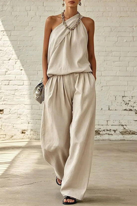 Cotton-linen Sleeveless Double-layer Top And Wide-leg Pants Set 