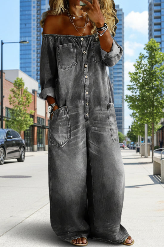 Single-breasted Off-shoulder Washed Faux Denim Jumpsuit 