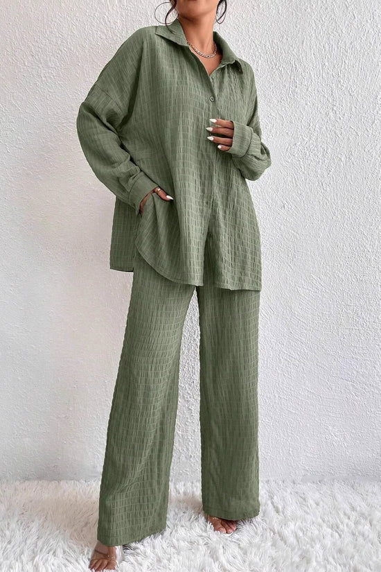 Summer New European And American Style Pleated Long-Sleeve Lapel Loose Two-Piece Set 