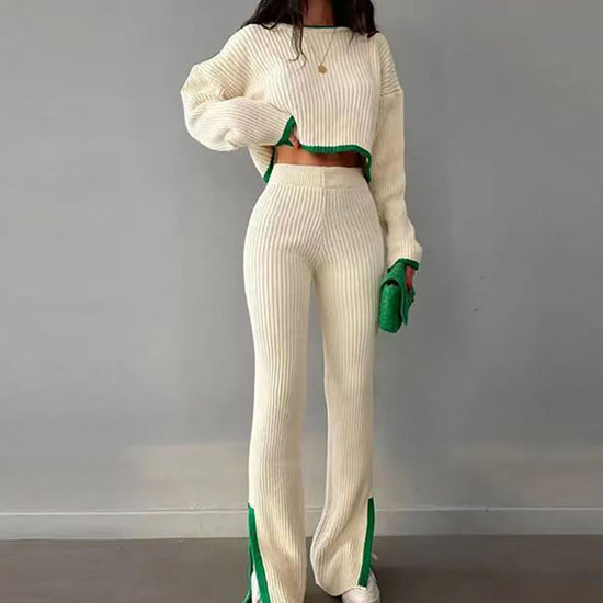 Women's Casual Color-Block Two Piece Set, Long Sleeve Crop Top With Slim Slit Pants, Spring&Autumn Comfort Outfit 