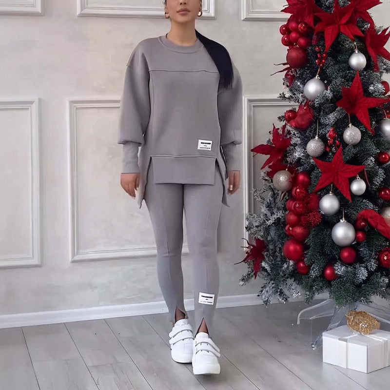 Women's Solid Color 2-Piece Set, Loose Fit Top With Slit Hem & Slim Fit Pants For Spring And Fall 