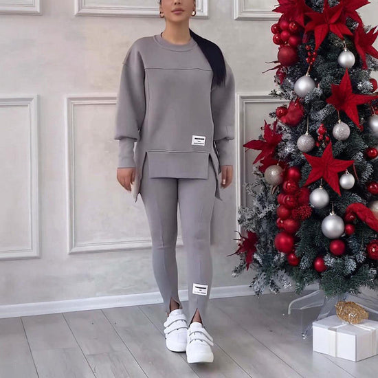 Women's Solid Color 2-Piece Set, Loose Fit Top With Slit Hem & Slim Fit Pants For Spring And Fall 