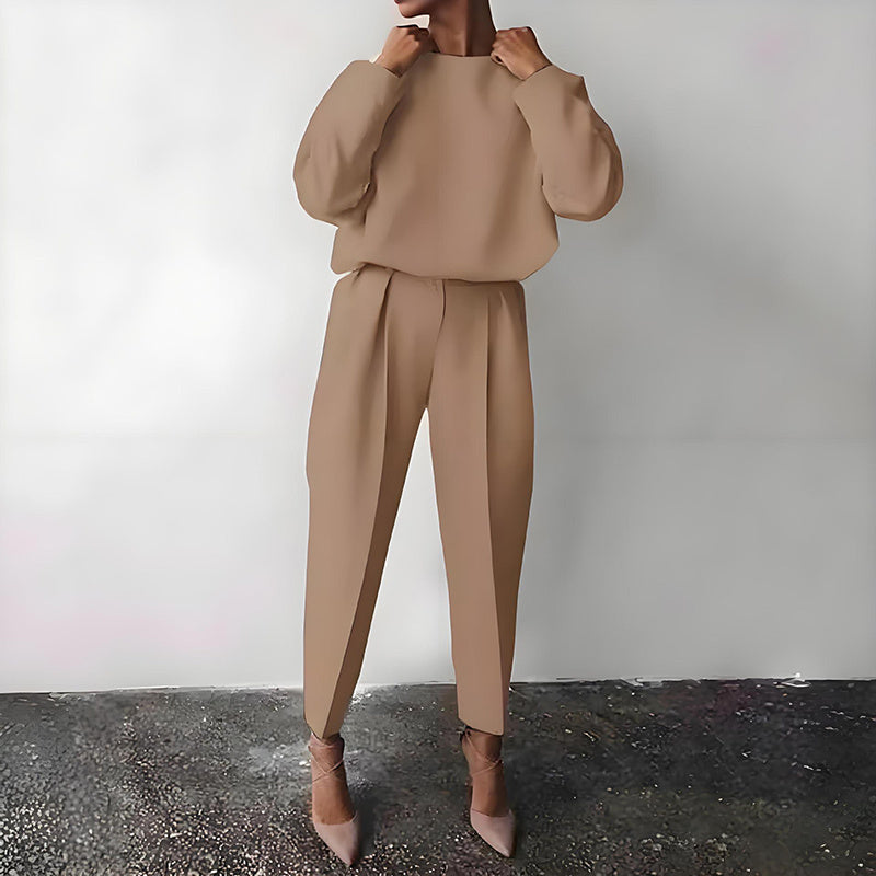 Women's Solid Color 2-Piece Set Round Neck Long Sleeve Top & Pleated Pants Loungewear For Spring & Fall CJ US
