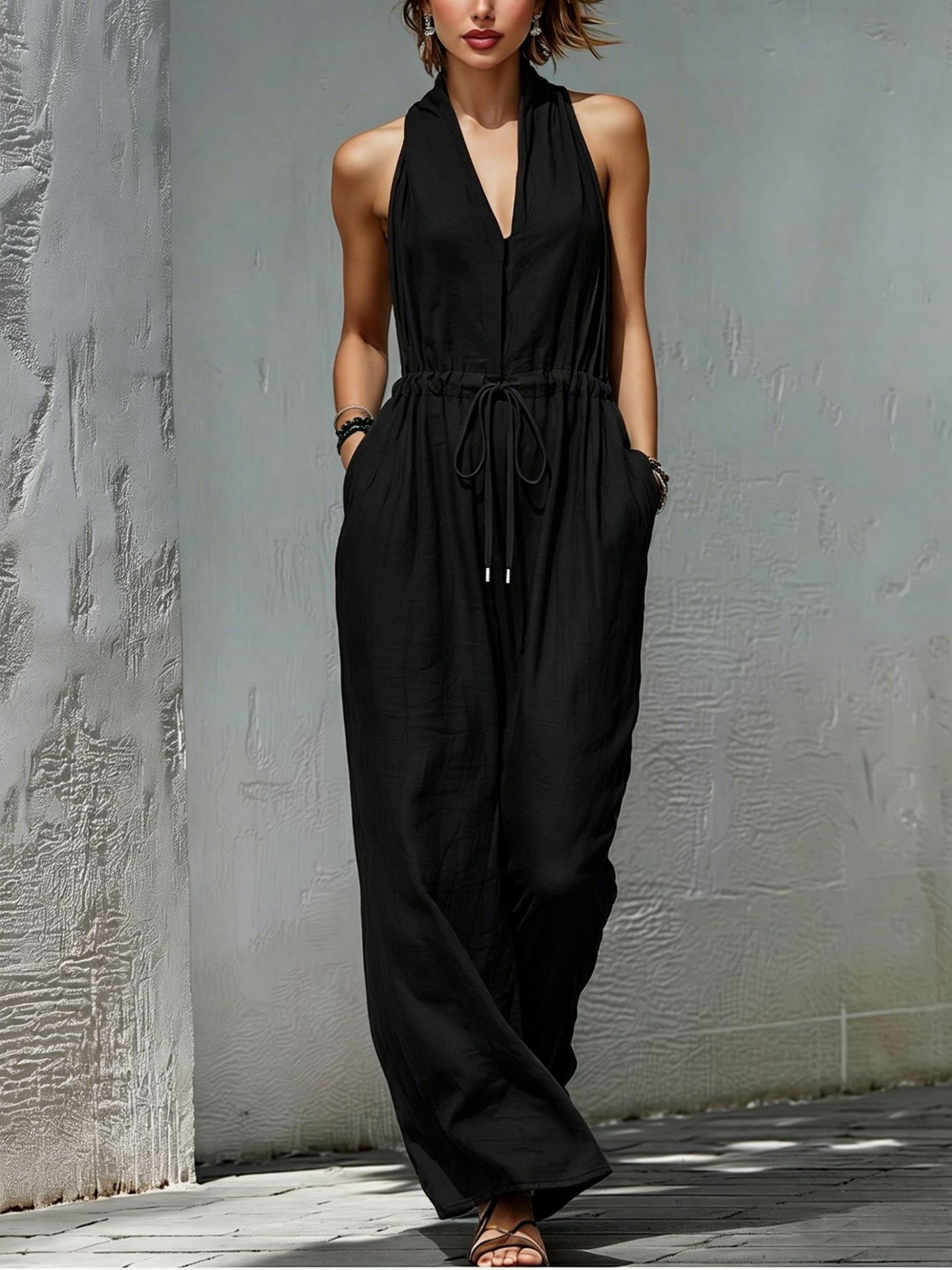 Womens Sleeveless Solid-Color Long Holiday Jumpsuit 