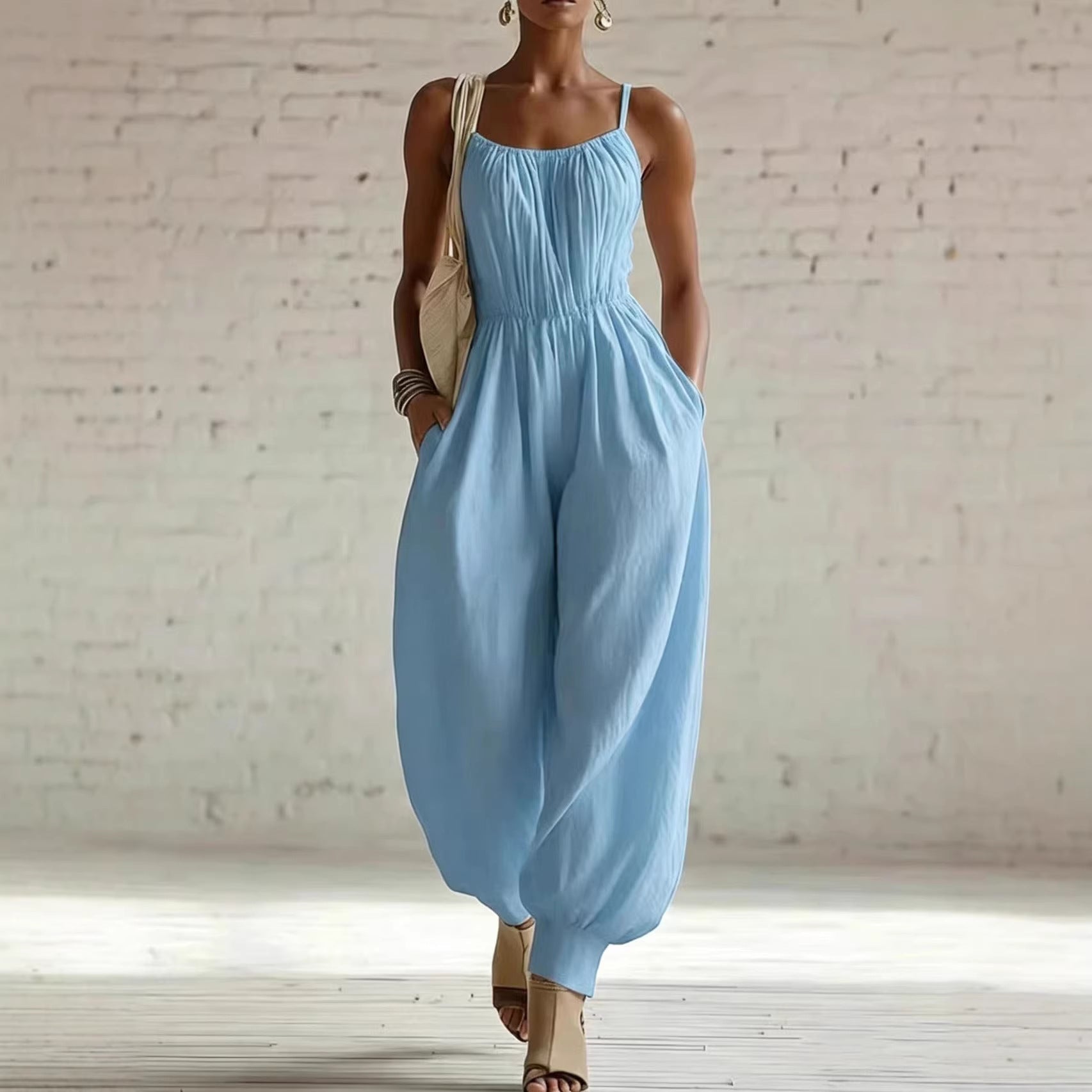 Womens Sleeveless Cotton-Linen Blend Jumpsuit 