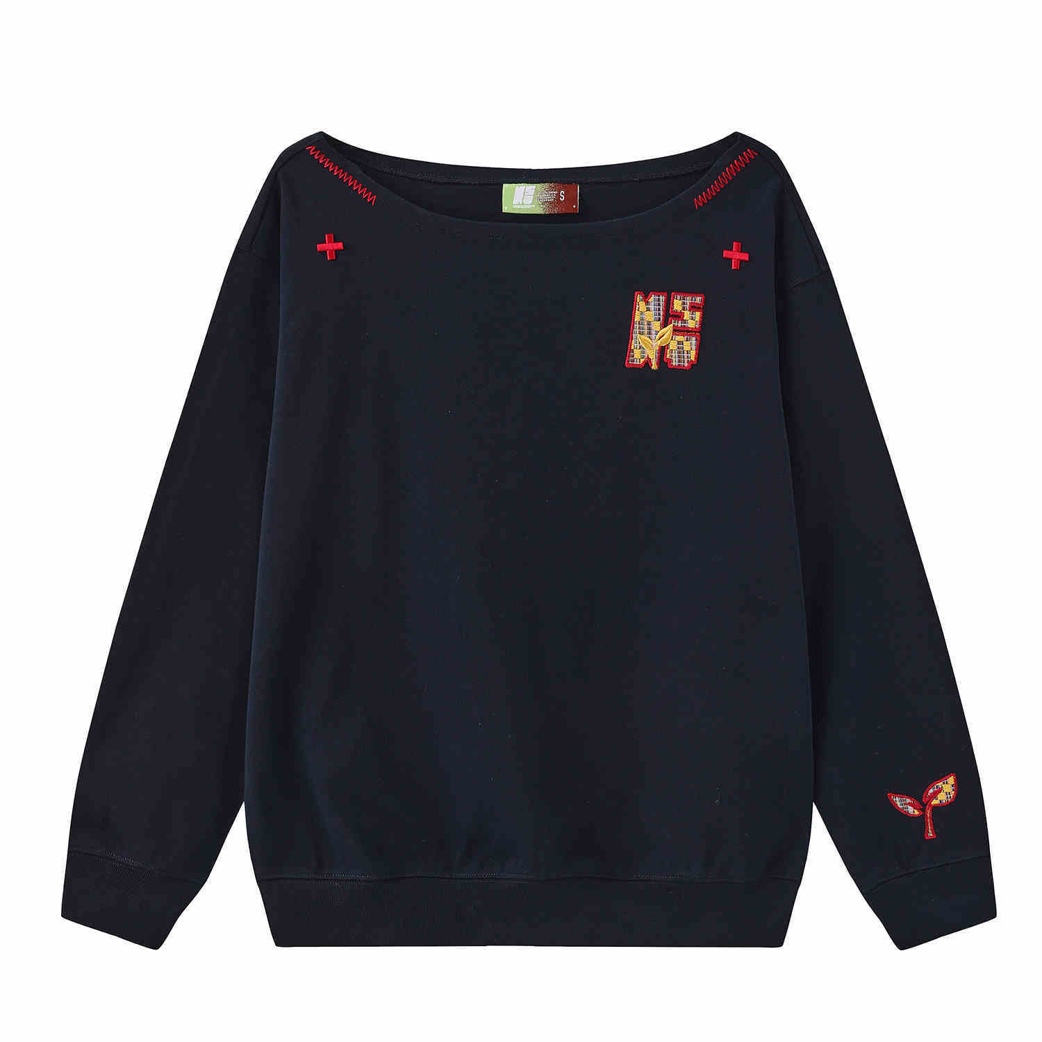 Women's Paste Cloth Embroidery Slant Shoulder Loose Long Sleeve Top CJ