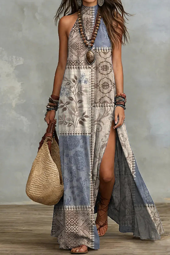 Split Sleeveless Multicolored Printed Maxi Dress 