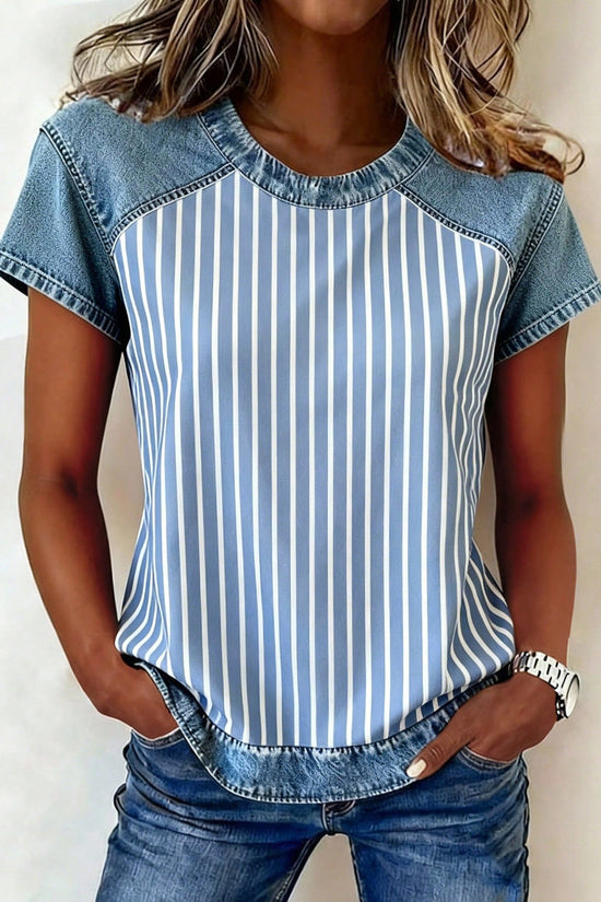 Women's Retro Denim Patchwork Short-Sleeve Shirt – Loose Fit 