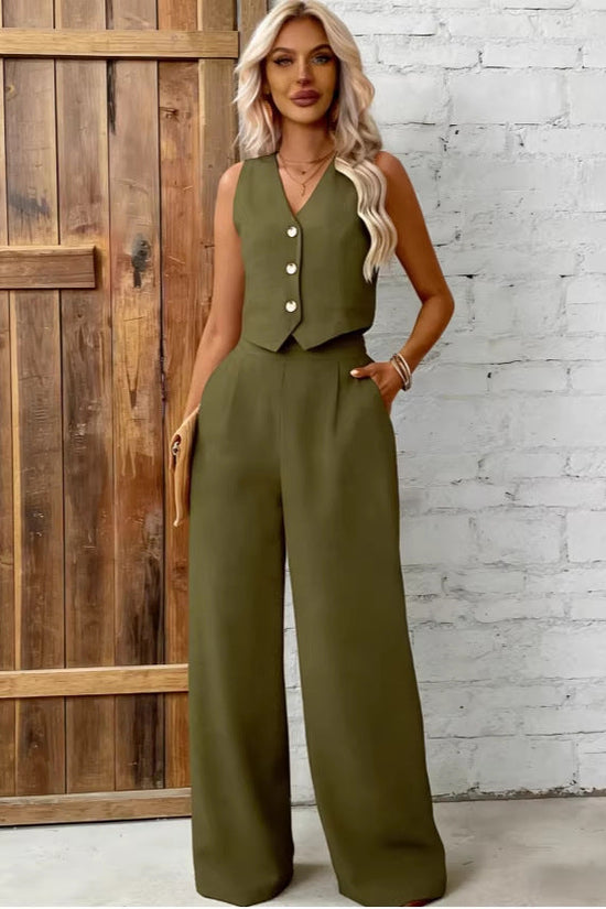 Womens Fashion Plus-Size Buttoned Vest Set 