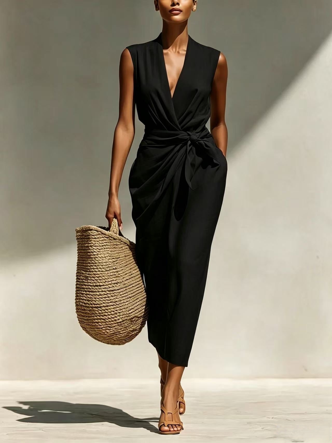 Solid-color Sleeveless Cotton-linen Feel Midi Dress 