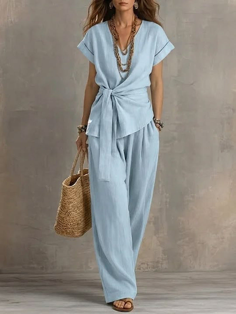 Women's V-neck Pullover Short-Sleeve Pants Set 