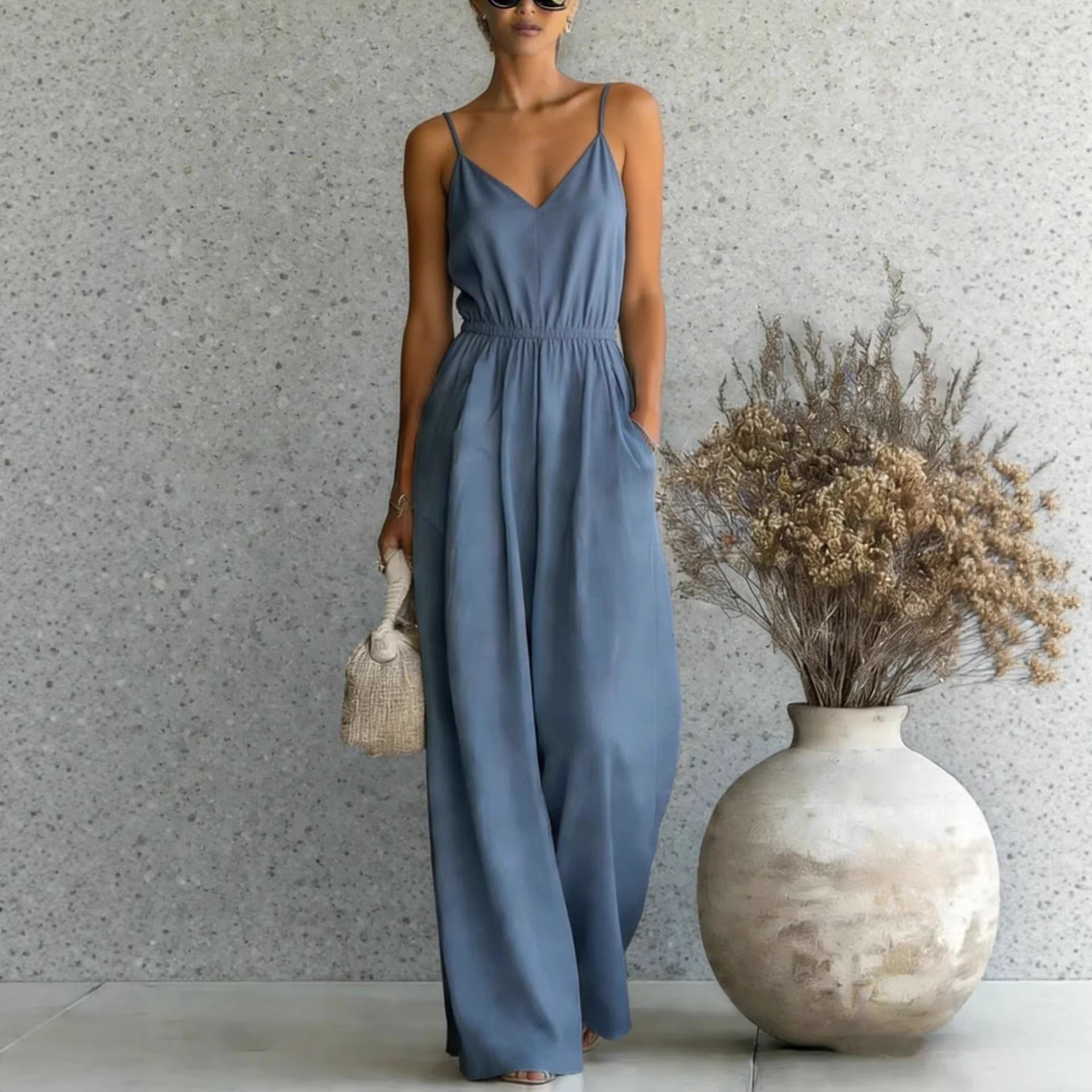 Summer Women's Slip-dress Casual Wide-leg Jumpsuit 
