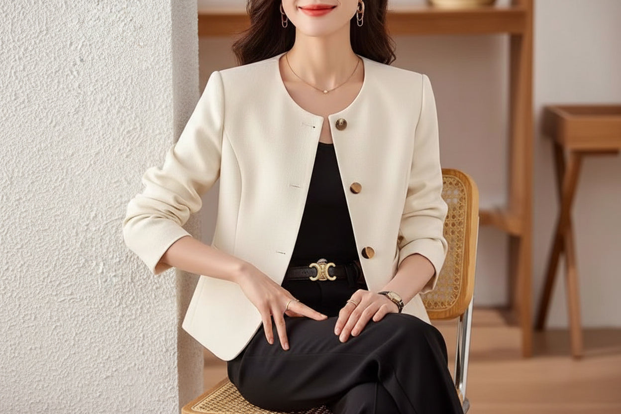 Womens Casual Cropped Jacket With A Crew Neck 