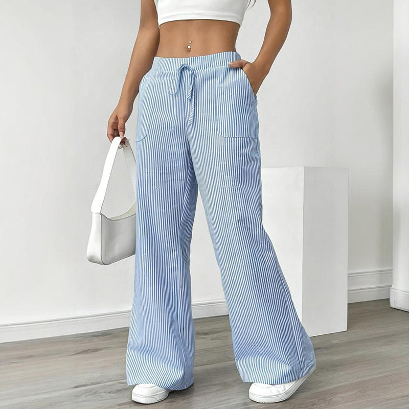 Women's Striped Print Straight Wide Leg Pants Drawstring Waist Slant Pockets Pants Casual Long Pants CJ US