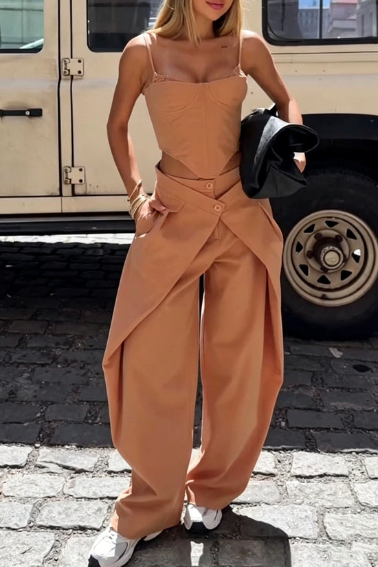 Women's Camel 2-Piece Set - Spaghetti Strap Corset Top & Wrap Waist Wide Leg Pants 