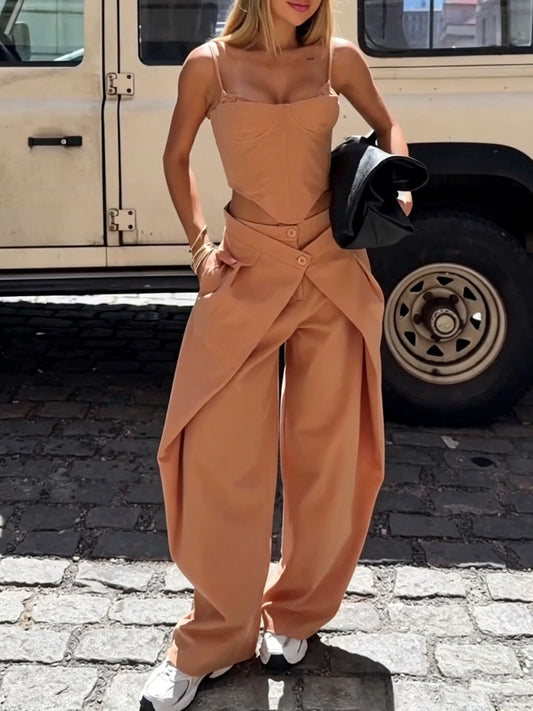 Women's Camel 2-Piece Set - Spaghetti Strap Corset Top & Wrap Waist Wide Leg Pants 