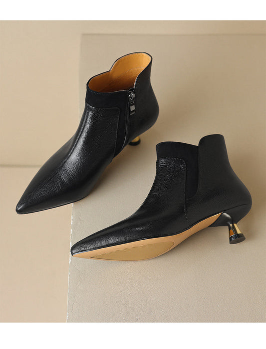 Genuine Leather Pointed-toe Kitten Heel Ankle Boots With A Sleek Mid-heel Design 