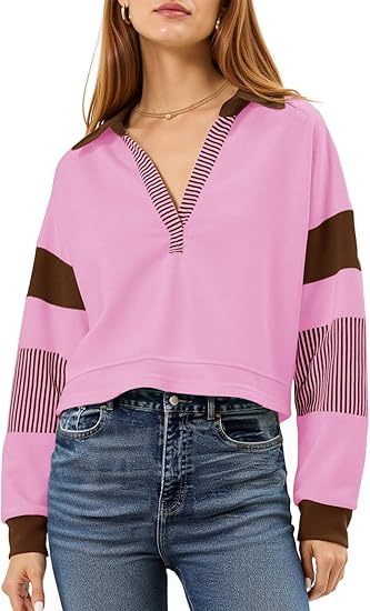 Fisoew Women's Long Sleeve Crop Tops Polo V Neck Color Block Casual Loose Pullover Cropped Sweatshirt Diversi Fashion™