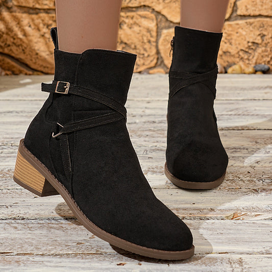 New Cross-strap Side Zipper Mid-heel Ankle Boots For Women 