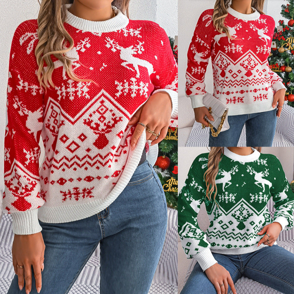 2025 New Year Autumn Winter Casual Deer Pattern Long Sleeve Hoodie Sweater Christmas For Women Red Green Knitted Pullover Jumper CJ
