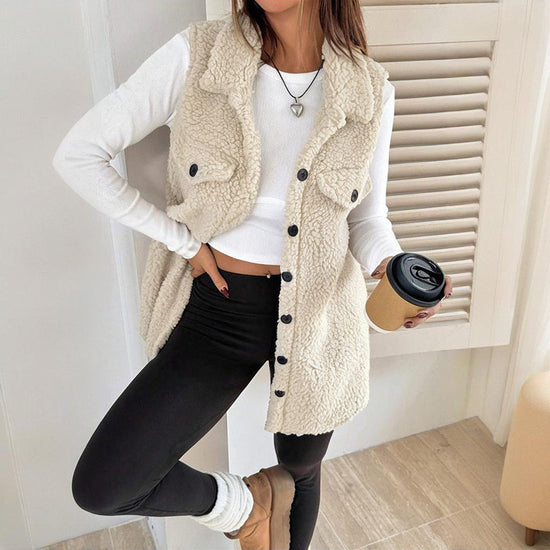 “Wool-Like Sleeveless Vest with Lapel – Mid-Length Waistcoat” CJ US