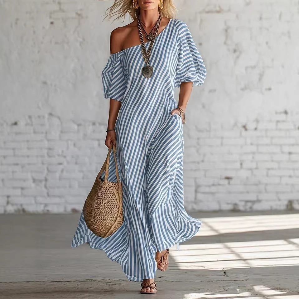 Womens Striped Off-shoulder Dress 