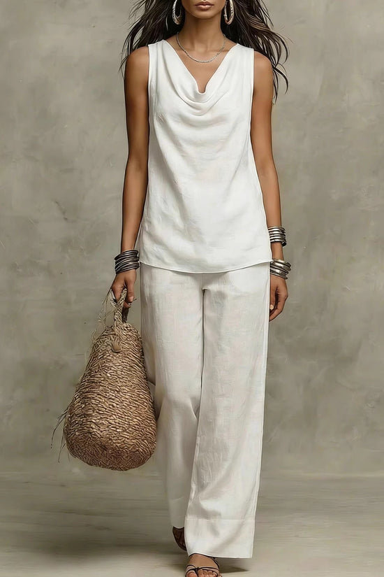 Womens Slash-Neck Sleeveless Tank Top And Casual Pants Set 