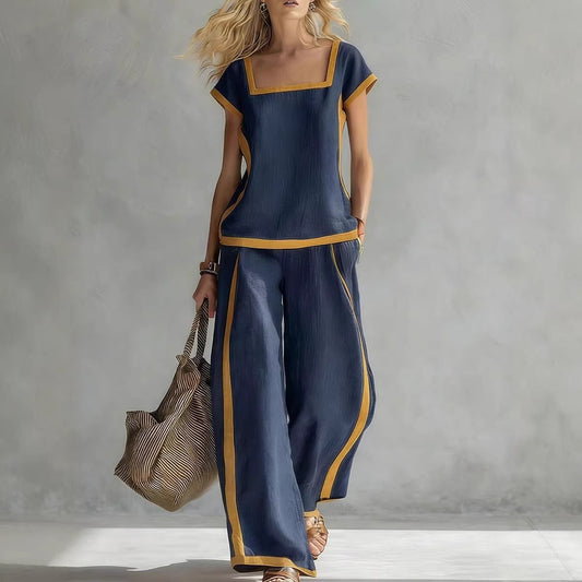 Solid Color Shirt & Wide-Leg Trousers Two-Piece Set 
