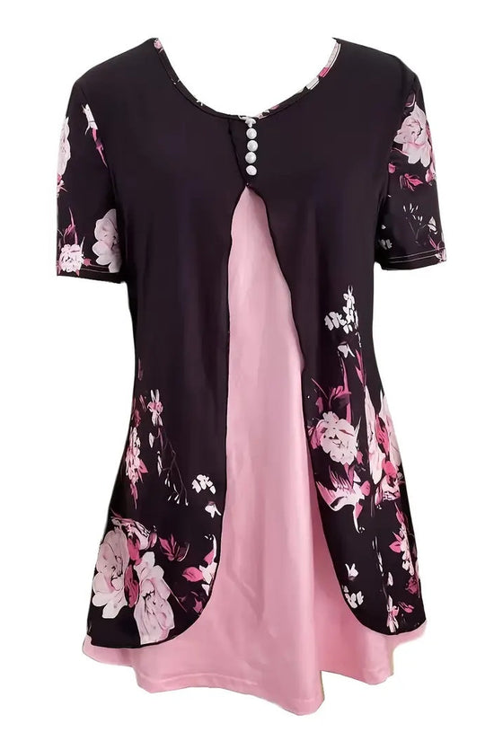 Summer New Short-sleeved Printed Fake Two-piece T-shirt V-neck Fashion Spike Top CJ