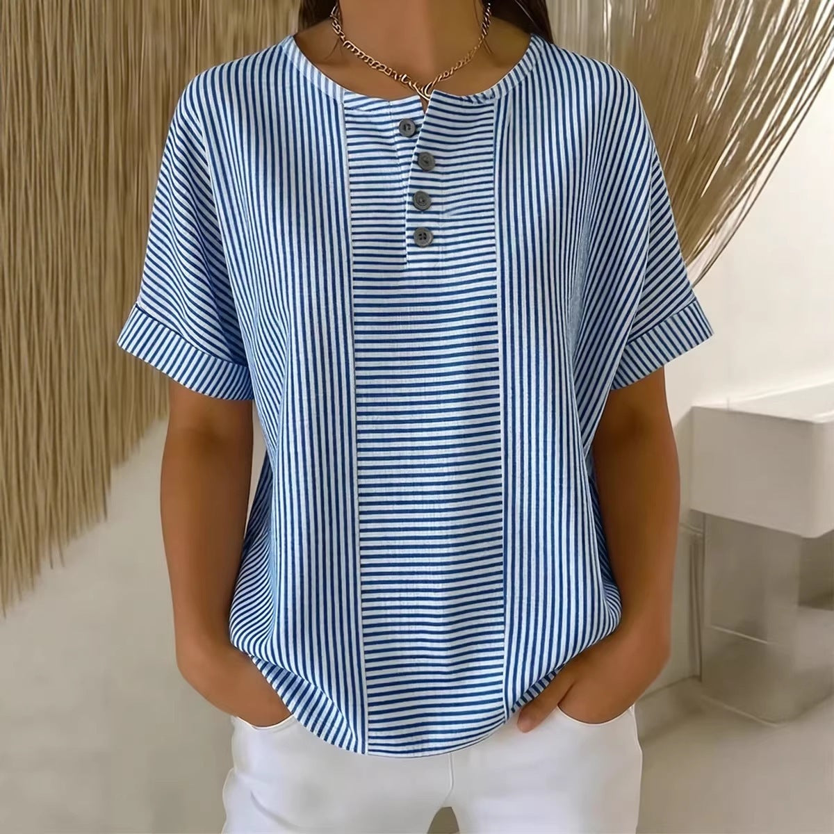 Casual Solid Color V-Neck Buttoned Striped Cotton-Linen T-Shirt 