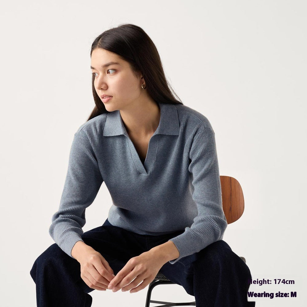 Women's Machine Washable Rib Half-open Collar Sweater CJ