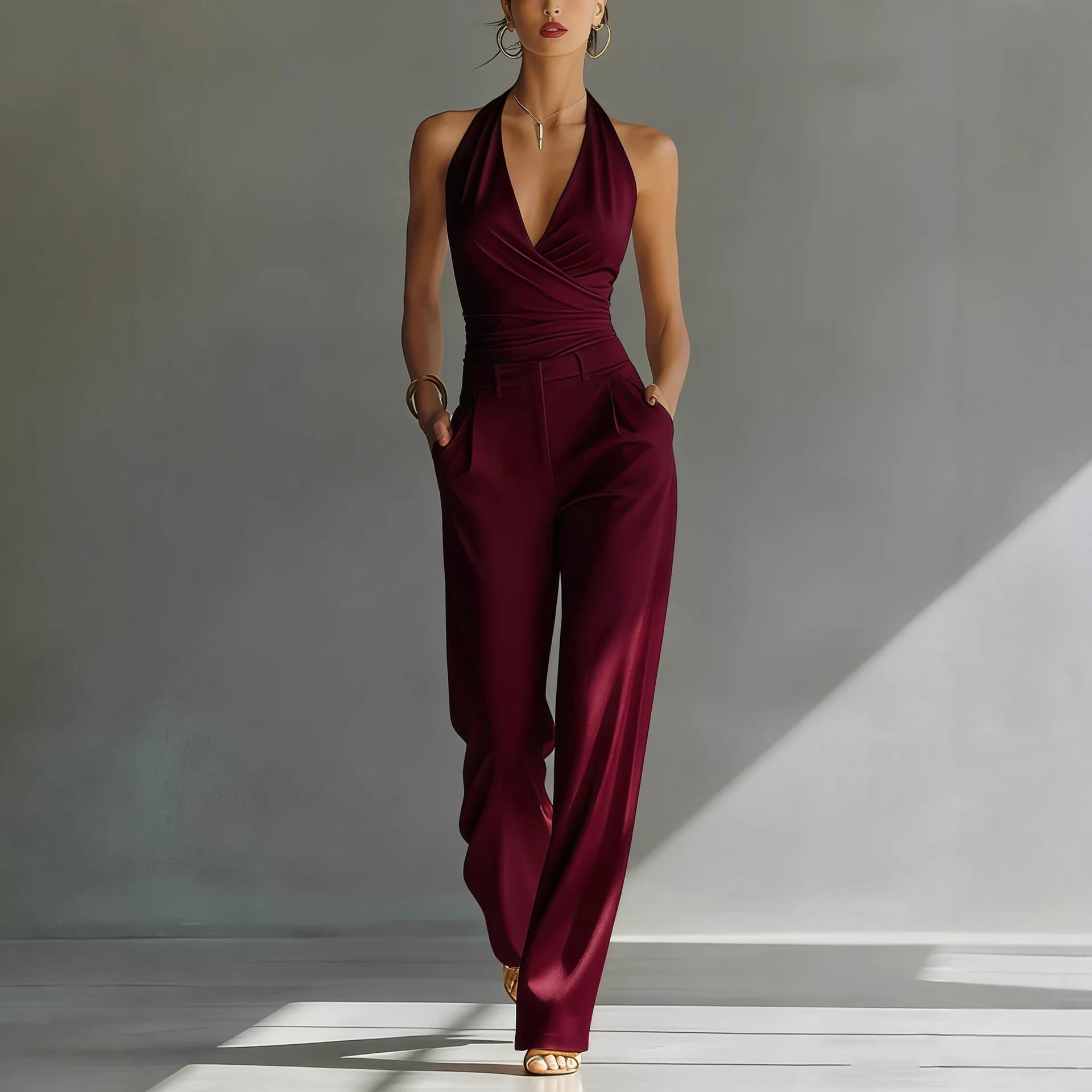 Halter Top And High-waisted Wide-leg Pants Casual Set 