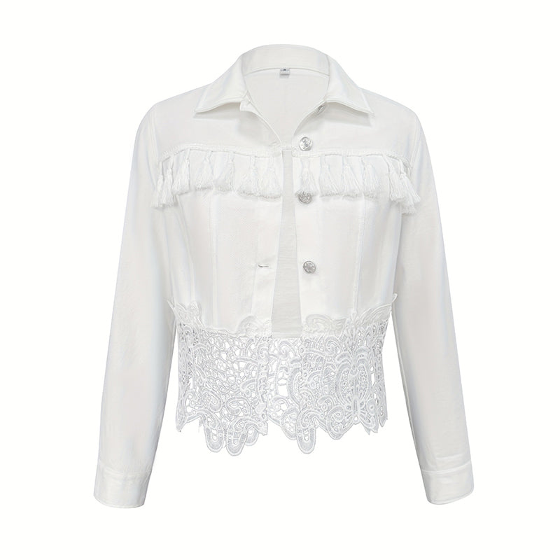 Women's Lace Hollow Out Jacket - Chic Long Sleeve Button Down Shirt With Tassel Details 