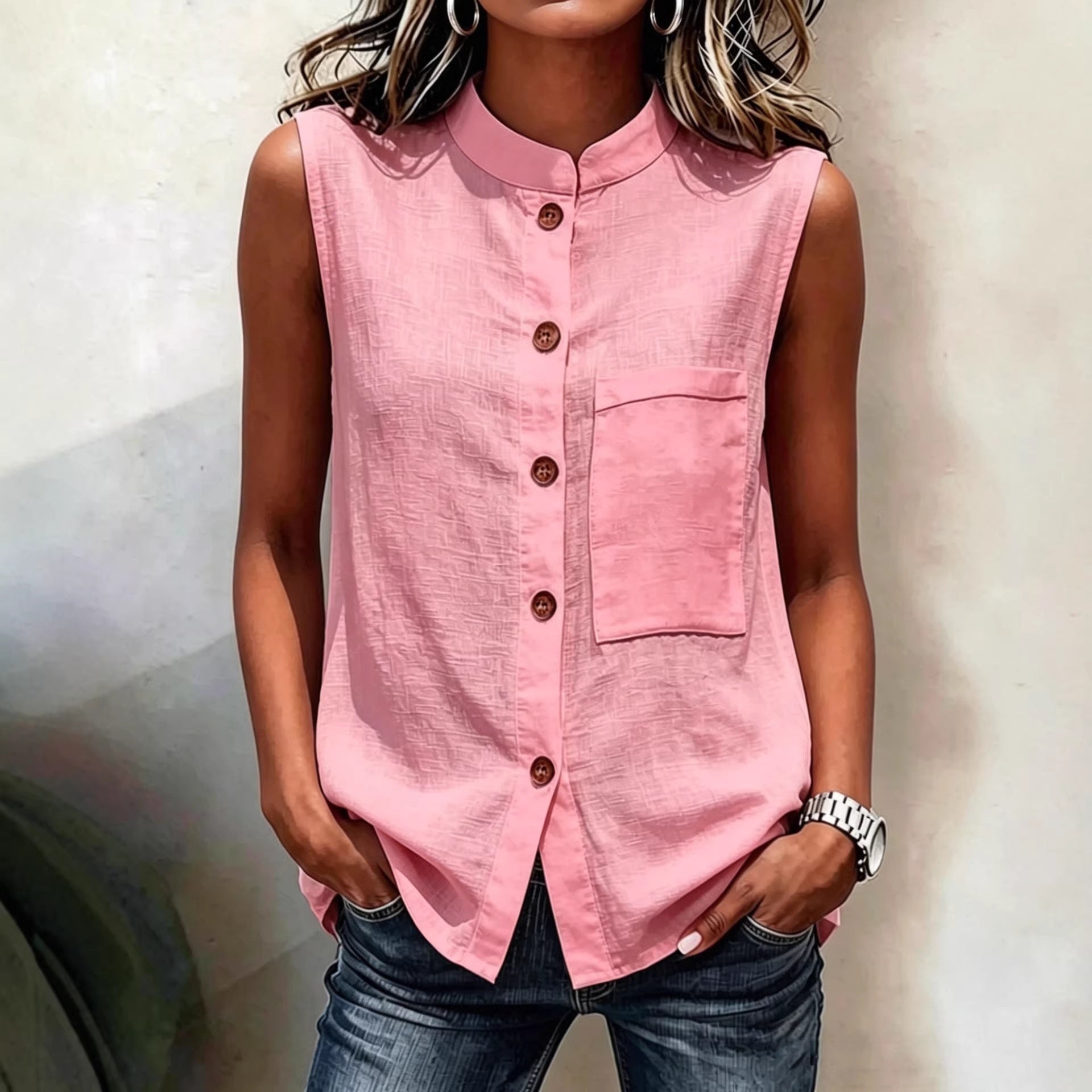 Fashionable Casual Solid-color Top With Buttoned Pockets 