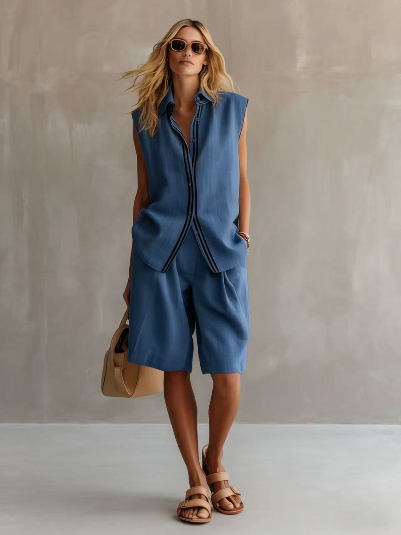 Single-breasted Sleeveless Linen Shirt And Shorts Set 