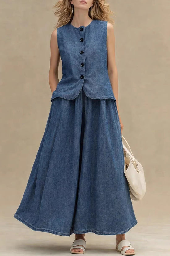 Womens Crew-Neck Denim Top And High-Waist A-Line Skirt Denim Set 