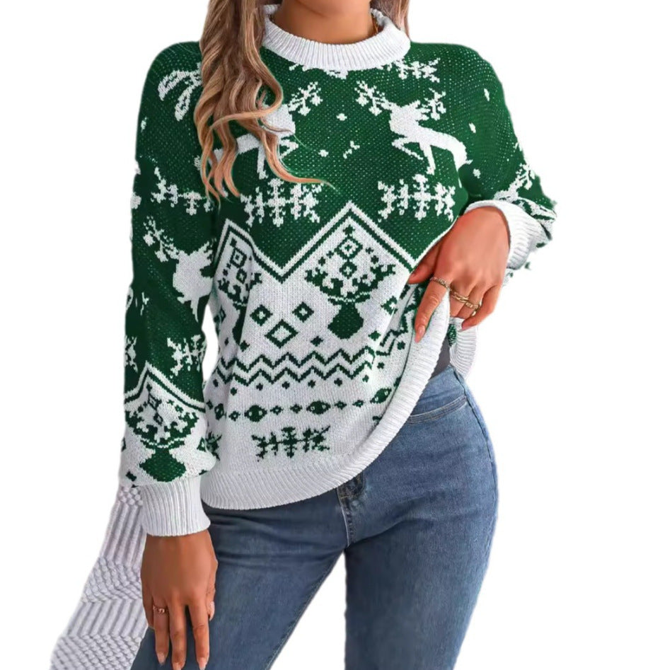 2025 New Year Autumn Winter Casual Deer Pattern Long Sleeve Hoodie Sweater Christmas For Women Red Green Knitted Pullover Jumper CJ