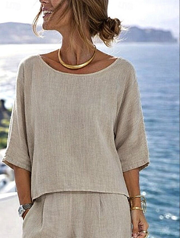 Cotton-Linen Minimalist Elegant Resort Short-Sleeve Pants Set 