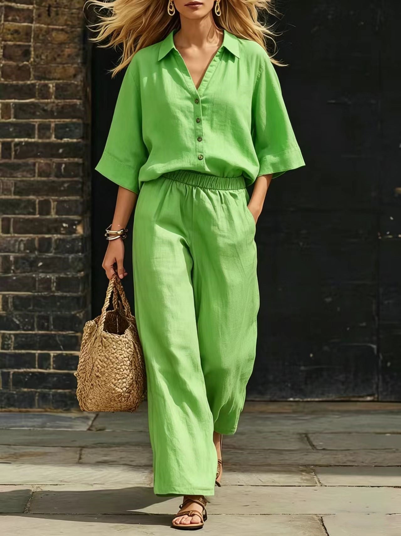 Womens Short-Sleeve Shirt And Loose Pants Two-Piece Set 