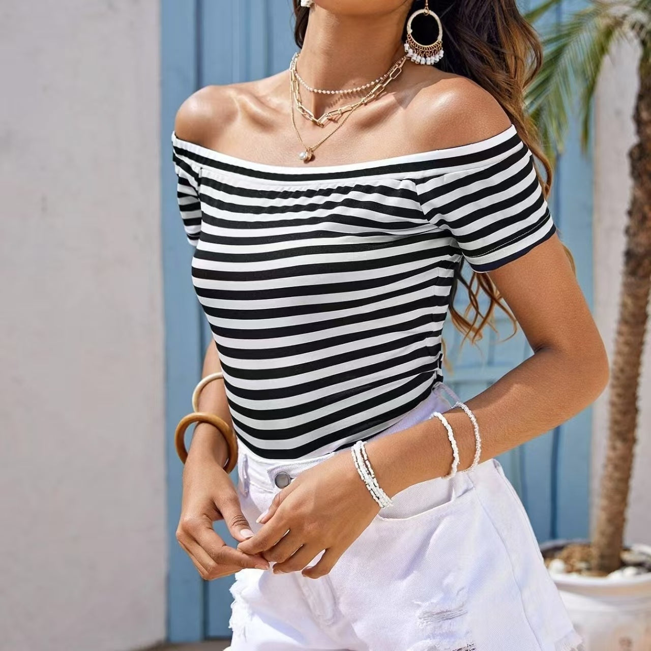 Ladies' Off Shoulder Striped Top Casual One Shoulder Shirt CJ US