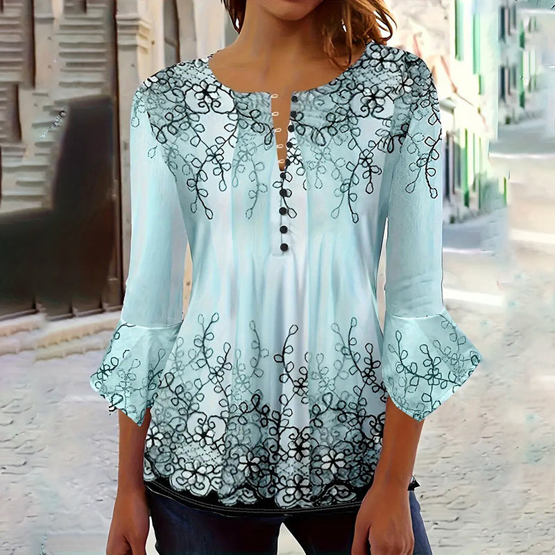 Women’s V-Neck 3/4 Sleeve Button-Front Tunic Blouse CJ
