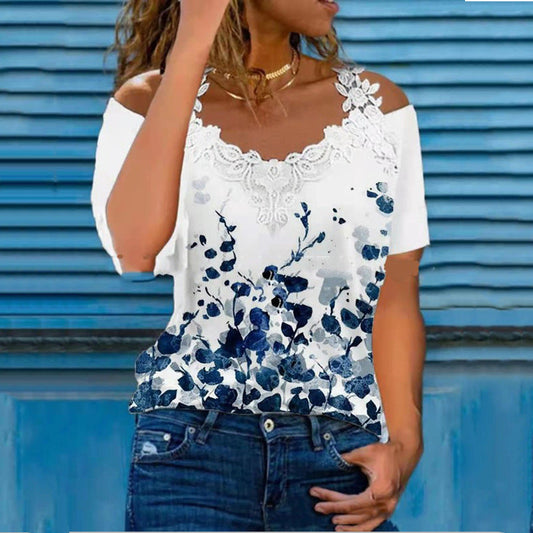 🦋 Vibrant Butterfly Lace Off-Shoulder V-Neck Tee 
