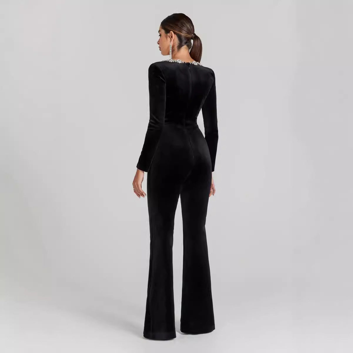 Diamond-encrusted Square Collar Long Sleeve Flared Jumpsuit CJ